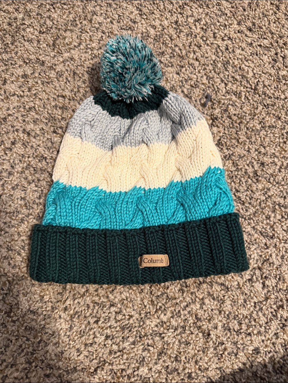 Columbia Teal, Cream & Gray Striped Pom Beanie